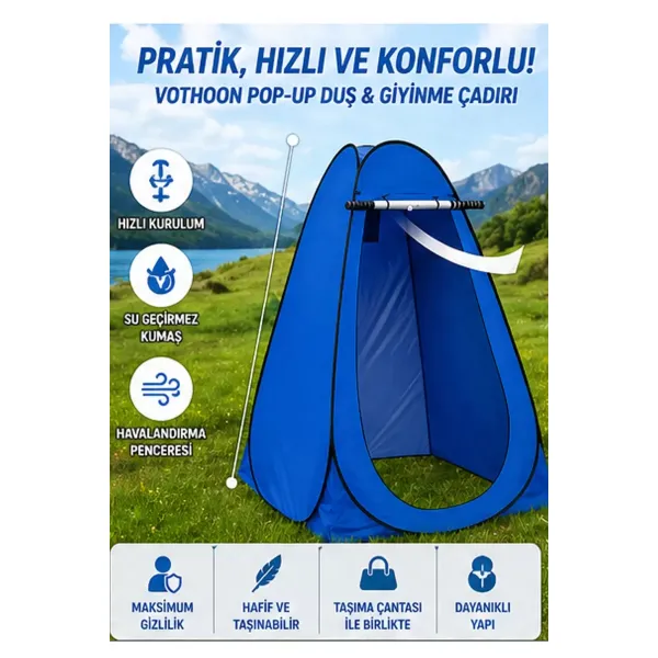 Otomatik Kabin Giyinme Çadırı 120x120x190 Cm Üst Havalandırma Yan Pencereli Duş & Wc Çadırı Mavi