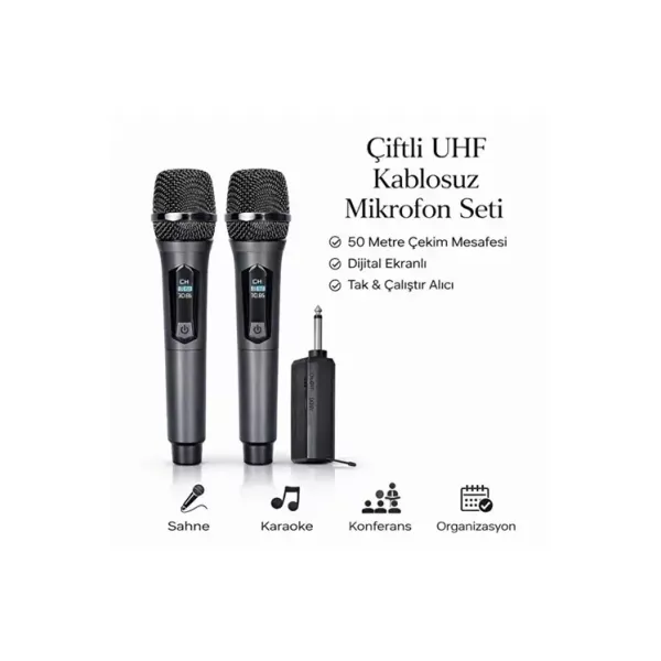 Profesyonel Çiftli Kablosuz Mikrofon Seti Karaoke Şarj Edilebilir 50 Metre
