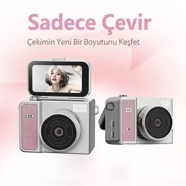 2k Mini Dijital Retro Video Kamera Flaşlı Dijital Vlog Mini Fotoğraf Makinesi Türkçe Menü Bej