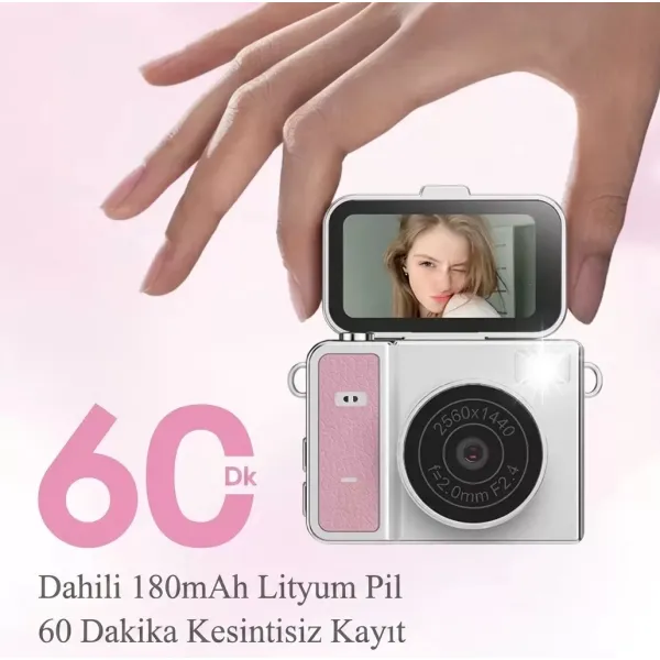 2k Mini Dijital Retro Video Kamera Flaşlı Dijital Vlog Mini Fotoğraf Makinesi Türkçe Menü Bej
