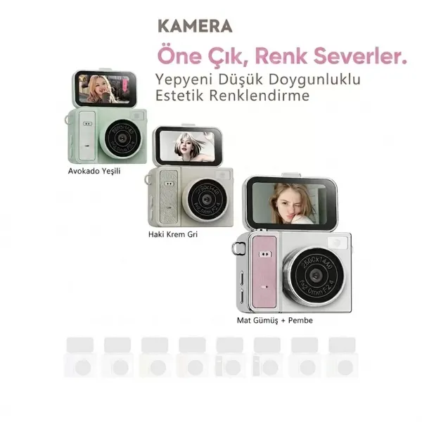 2k Mini Dijital Retro Video Kamera Flaşlı Dijital Vlog Mini Fotoğraf Makinesi Türkçe Menü Bej