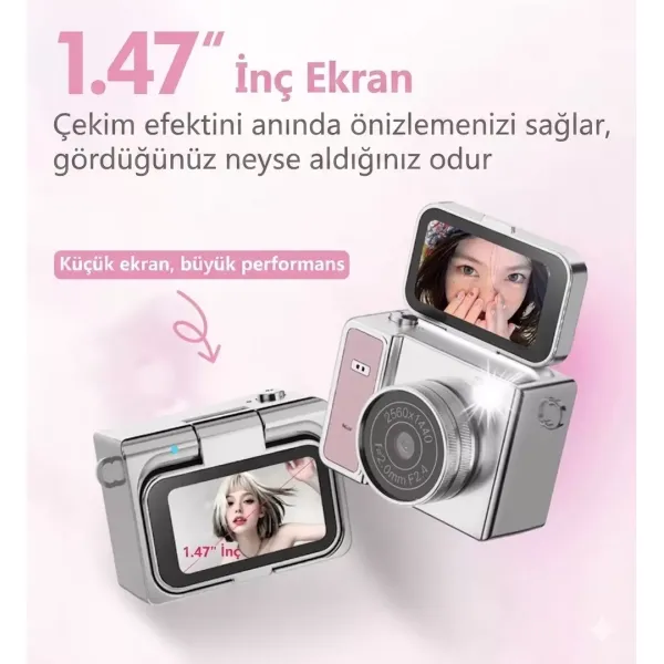 2k Mini Dijital Retro Video Kamera Flaşlı Dijital Vlog Mini Fotoğraf Makinesi Türkçe Menü Bej