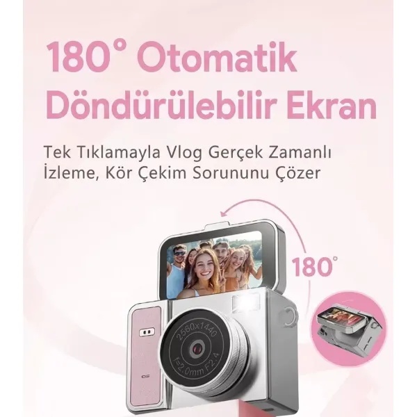 2k Mini Dijital Retro Video Kamera Flaşlı Dijital Vlog Mini Fotoğraf Makinesi Türkçe Menü Pembe