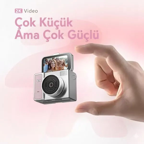 2k Mini Dijital Retro Video Kamera Flaşlı Dijital Vlog Mini Fotoğraf Makinesi Türkçe Menü Pembe
