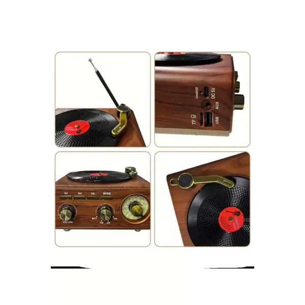 Nostaljik Tasarım Plak Çalar Görünümlü Radyolu Bluetooth Hoparlör Retro Müzik Plak