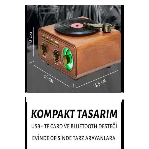 Nostaljik Tasarım Plak Çalar Görünümlü Radyolu Bluetooth Hoparlör Retro Müzik Plak Açık Kahverengi