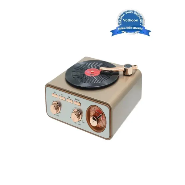 Metalik Nostaljik Tasarım Plak Çalar Görünümlü Radyolu Bluetooth Hoparlör Retro Müzik Plak