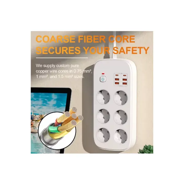 Termal Akım Korumalı 6’lü Priz 4x Usb 2x Type-c Çıkışlı Grup Priz Çoğaltıcı (3500w) Siyah