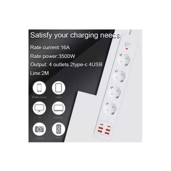 Termal Akım Korumalı 4’lü Priz 4x Usb 2x Type-c Çıkışlı Grup Priz Çoğaltıcı (3500w)