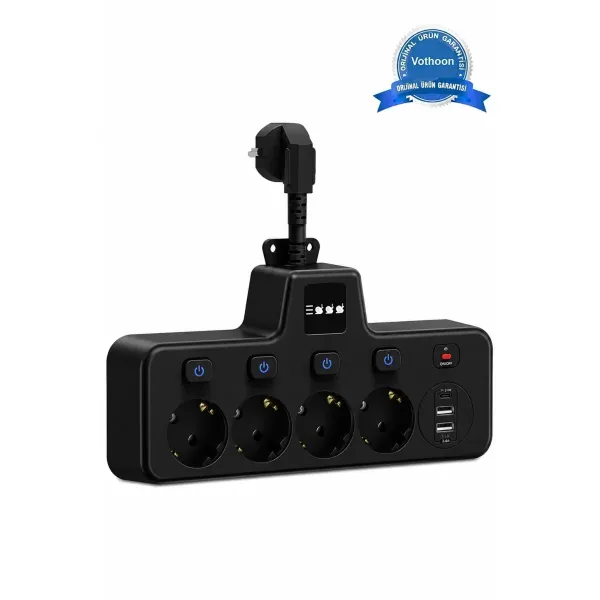 Termal Akım Korumalı 4’lü Duvar Tipi Priz 2x Usb 2x Type-c Çıkışlı Grup Priz Çoğaltıcı Siyah (2500w)