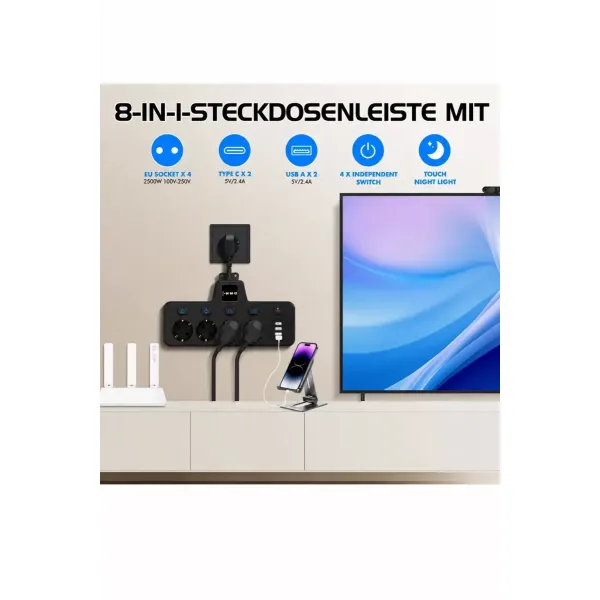 Termal Akım Korumalı 4’lü Duvar Tipi Priz 2x Usb 2x Type-c Çıkışlı Grup Priz Çoğaltıcı Siyah (2500w)