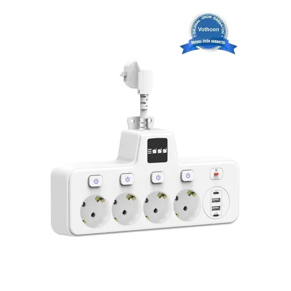 Termal Akım Korumalı 4’lü Duvar Tipi Priz 2x Usb 2x Type-c Çıkışlı Grup Priz Çoğaltıcı Beyaz (2500w)