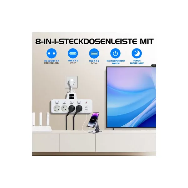 Termal Akım Korumalı 4’lü Duvar Tipi Priz 2x Usb 2x Type-c Çıkışlı Grup Priz Çoğaltıcı Beyaz (2500w)