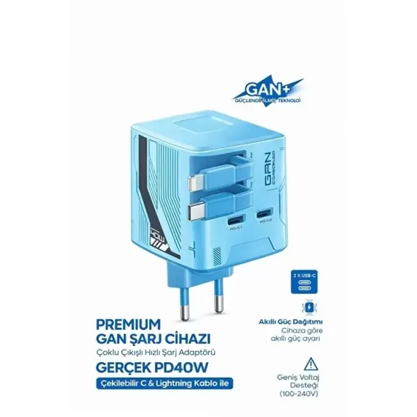 Gan+ Pd 40w Hızlı Şarj Adaptörü Çoklu Çıkış Usb-c Lightning Kablolu Hızlı Şarj Cihazı Ev Ofis Uyumlu Mavi