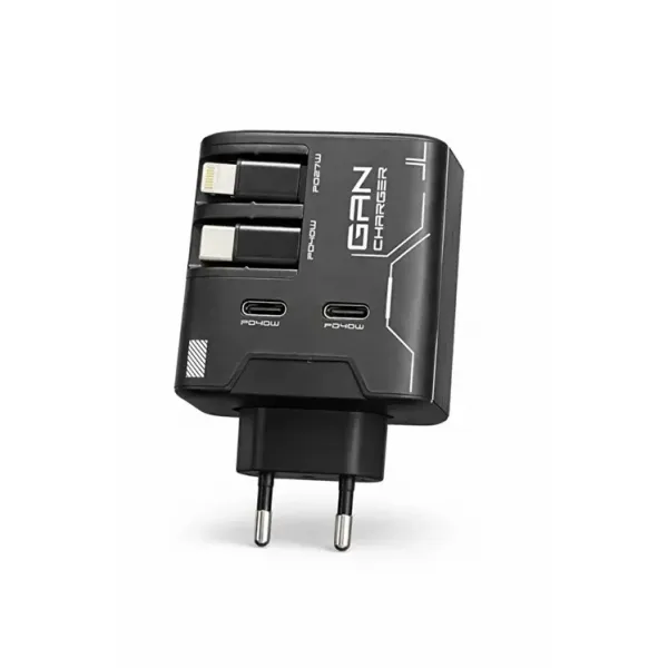 Gan+ Pd 40w Hızlı Şarj Adaptörü Çoklu Çıkış Usb-c Lightning Kablolu Hızlı Şarj Cihazı Ev Ofis Uyumlu Siyah