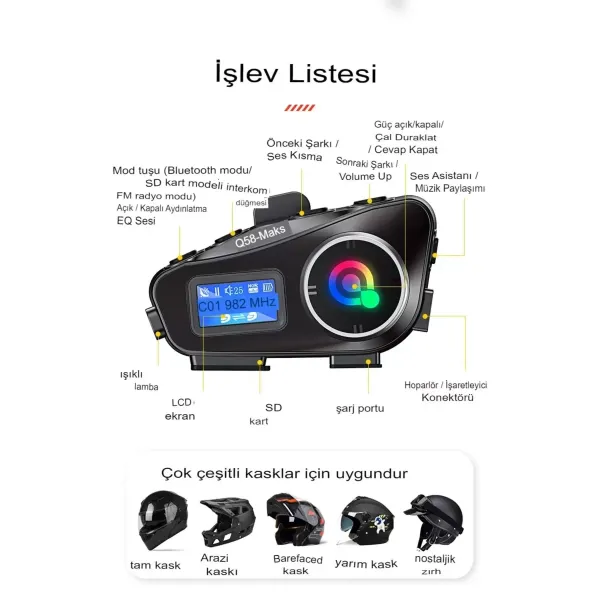 Q58-max Radyolu 2 Kişi Bağlantılı Bluetooth Kask Kulaklık Ekranlı Fenerli Müzik Ve Telsiz Intercom