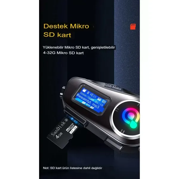Q58-max Radyolu 2 Kişi Bağlantılı Bluetooth Kask Kulaklık Ekranlı Fenerli Müzik Ve Telsiz Intercom