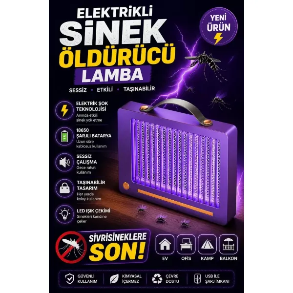 Elektrikli Sinek Öldürücü Lamba | Şarjlı, Sessiz, Led Işıklı Etkili Koruma