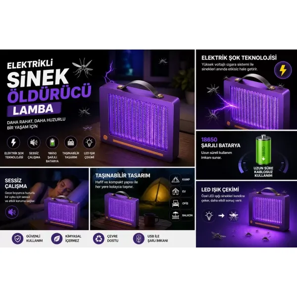 Elektrikli Sinek Öldürücü Lamba | Şarjlı, Sessiz, Led Işıklı Etkili Koruma