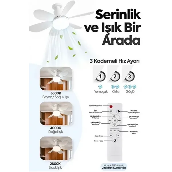6 Kanatlı 3 Kademeli Led Aydınlatmalı Uzaktan Kumandalı Tavan Vantilatörü