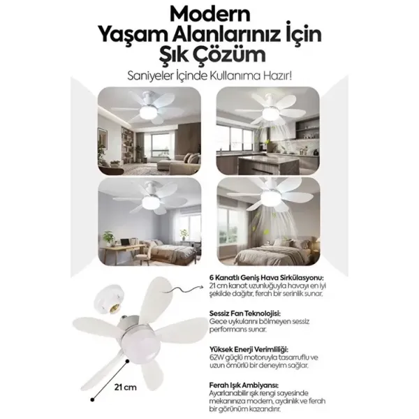6 Kanatlı 3 Kademeli Led Aydınlatmalı Uzaktan Kumandalı Tavan Vantilatörü