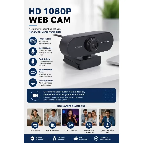 Webcam Orjınal Hd 1080p Konferans Kamera Dahili Mikrofon Görüntülü Sohbet Yayın Kamerası Hd Video