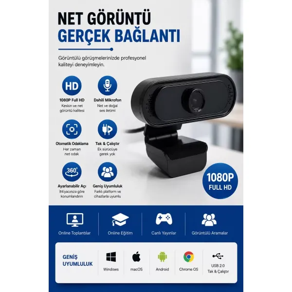 Webcam Orjınal 1080p Hd Konferans Kamera Dahili Mikrofon Görüntülü Sohbet Yayın Kamerası Hd Video Ae-112