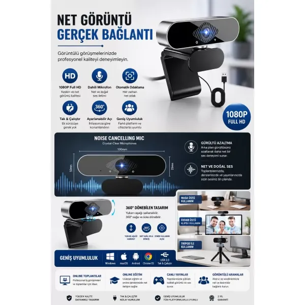Webcam Orjınal 1080p Hd Konferans Kamera Dahili Mikrofon Görüntülü Sohbet Yayın Kamerası Hd Video Ae-104