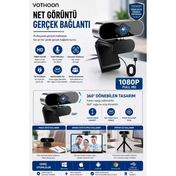 Webcam Orjınal 1080p Hd Konferans Kamera Dahili Mikrofon Görüntülü Sohbet Yayın Kamerası Hd Video Ae-104