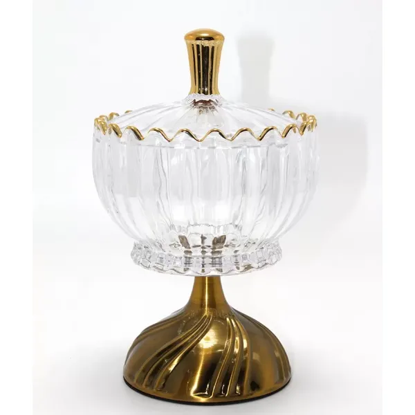 Metal Ayaklı Kristal Cam Şekerlik Gold Detaylı Sunumluk Alk4871