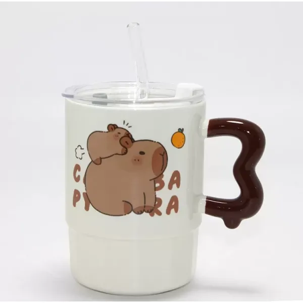 Sevimli Capybara Figürlü Kapaklı Porselen Kupa Bardak Alk5040