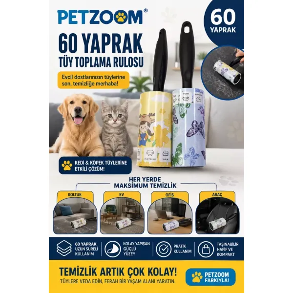 60 Yaprak Tüy Toplama Rulosu Kedi Köpek Tüy Toplayıcı Ev Koltuk Araç Ofis Temizlik Rulosu