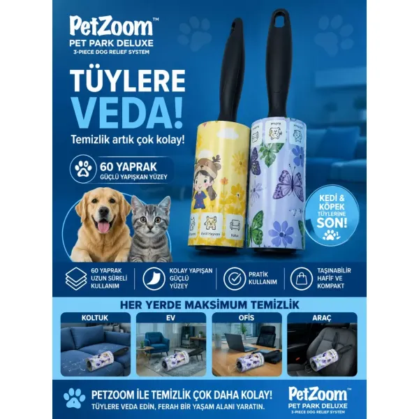60 Yaprak Tüy Toplama Rulosu Kedi Köpek Tüy Toplayıcı Ev Koltuk Araç Ofis Temizlik Rulosu