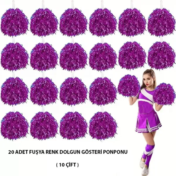 10 Çift ( 20 Adet ) Fuşya Renk 23 Nisan 19 Mayıs 29 Ekim Okul Gösteri Ponponları