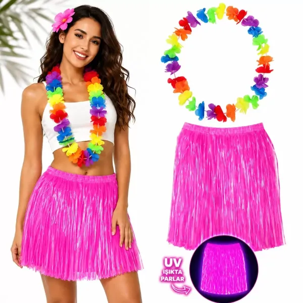 Neon Pembe Hawaii Etek 40 Cm Ve Rengarenk Hawaii Kolye