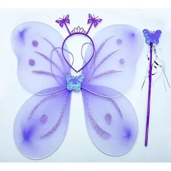 Lila Mor Kelebek Kız Seti – 50 Cm Kelebek Kanadı, Taç Ve Asa