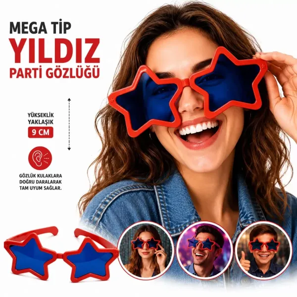 Mega Tip Yıldız Parti Gözlüğü Kırmızı Renk