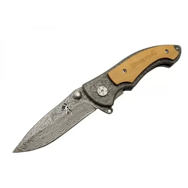 2-31 Damascus Kamp Çakı 19,5cm - Yarı Otomatik, Kemerlikli, Ahşap Metal Sap