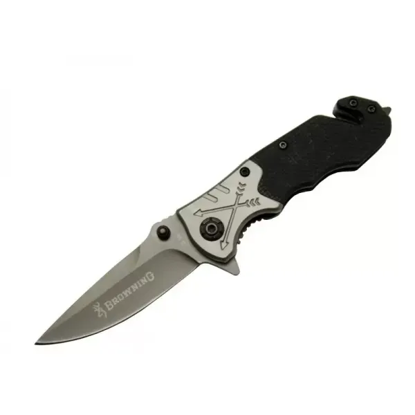 8-10 Siyah Kurtarma / Kamp Çakı 16,5cm - Yarı Otomatik, Kemerlikli, Cam Kırma Ve İp Kesme Aparatlı, Ok Figürlü Sap