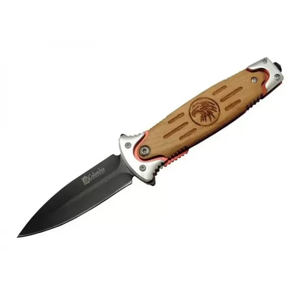 Fs 11032 Kahverengi Kurtarma / Kamp Çakısı 20cm - Kartal İşlemeli Ahşap Sap, Kemerlikli, Cam Kırma Aparatlı